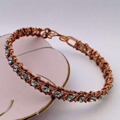 Wire Wrapped, Wire Formed, Swarovski Crystal and Copper Wire Cuff Bracelet with Handmade Clasp – 11521 - Image 4