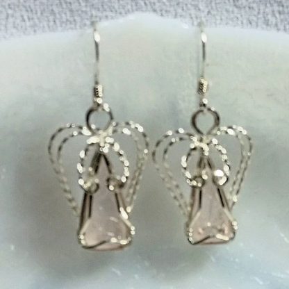 Lt. Pink Depression Glass and Sterling Silver Wire Wrapped Angel Earrings - 11743 - Image 2